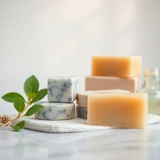 A beautifully arranged product shot featuring a collection of handcrafted soaps.