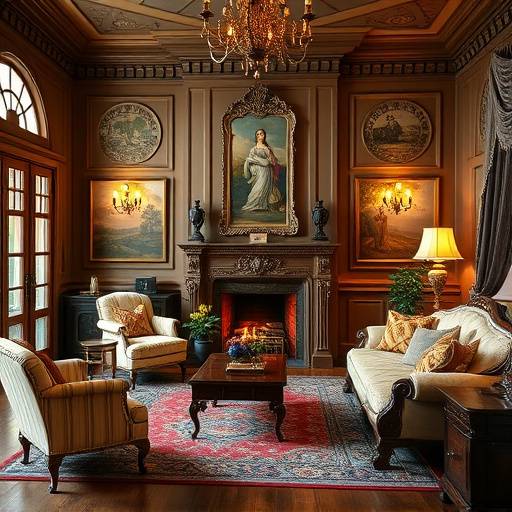 A beautifully staged living room in a Queen Anne Victorian home, featuring elegant furniture, ornate details, and a cozy fireplace.