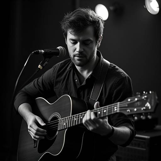 A black and white portrait of a Seattle musician, Elias Thorne, playing his acoustic guitar in a dimly lit studio.