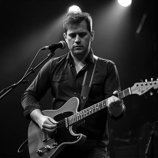 A black and white portrait of a Seattle musician playing his guitar