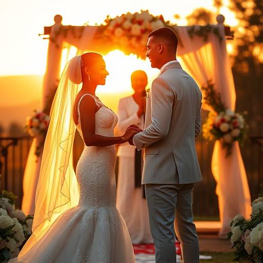 A bride and groom holding hands during their wedding ceremony