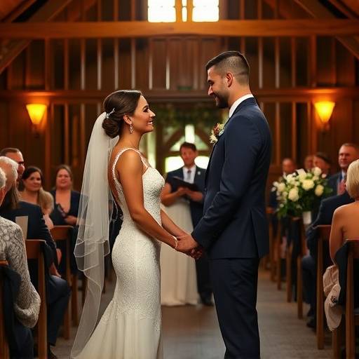 A bride and groom, Isabella and James, holding hands during their intimate wedding ceremony at a rustic barn venue near Woodinville wine country.