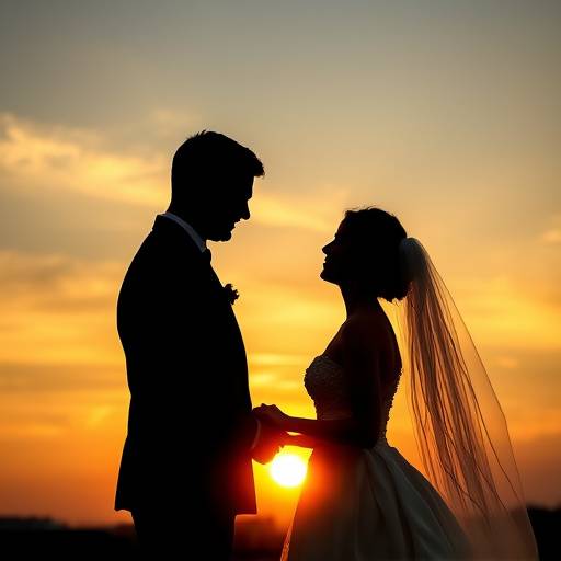 A bride and groom silhouetted against a sunset sky during their wedding day.