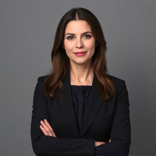 A clean and professional headshot of a woman in a business suit against a gray background.