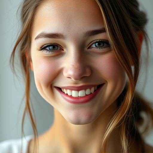 A close-up portrait of Amelia, a young woman with a warm smile, photographed in a natural light studio setting.
