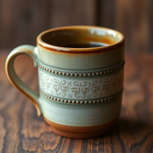 A close-up shot of a handcrafted ceramic coffee mug, showcasing its unique texture, earthy tones, and artisan craftsmanship.