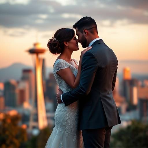 A couple embracing during their elopement ceremony with the Seattle skyline in the background.