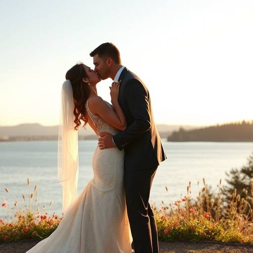 A couple sharing a kiss during their outdoor wedding ceremony with the Puget Sound in the background