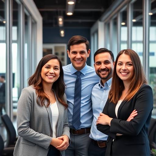 A group of smiling business professionals posing for a modern and approachable corporate headshot in a Seattle office.
