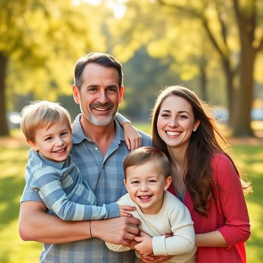 A happy family of four smiling for a portrait outdoors in a park setting.