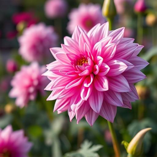 A macro shot of a blooming dahlia flower in a garden
