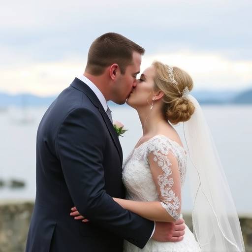 A newlywed couple sharing a tender kiss during their outdoor wedding ceremony, with the scenic Puget Sound providing a romantic backdrop.