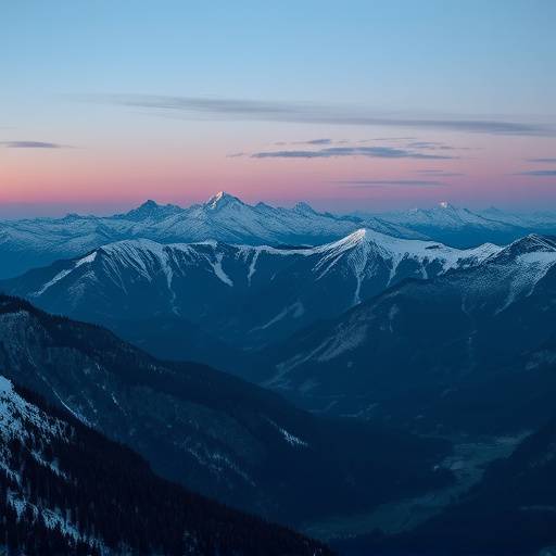 A panoramic view of the Cascade Mountains blanketed in snow at dusk, showcasing the rugged beauty of the Pacific Northwest.