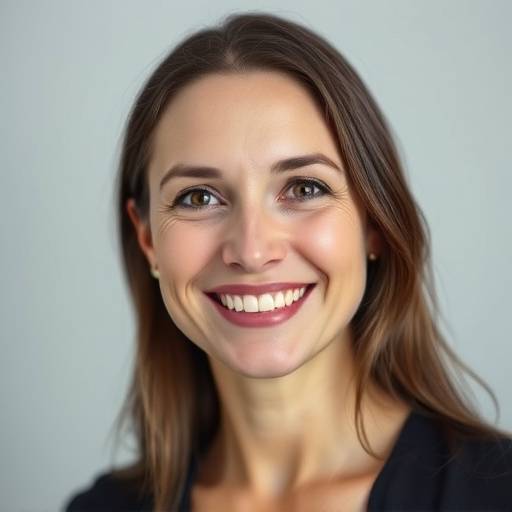 A smiling woman posing for a portrait in a studio setting