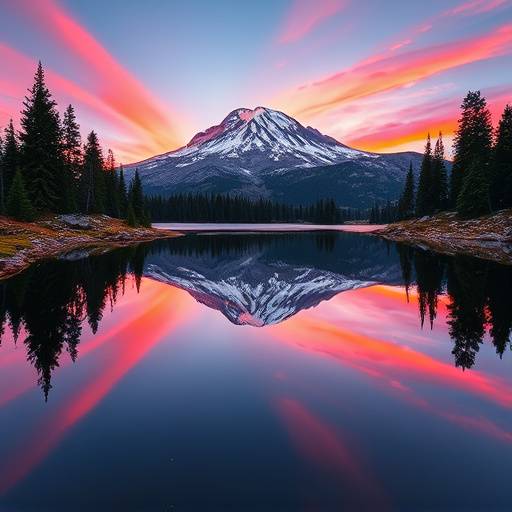 A vibrant landscape photograph of Mount Rainier reflecting perfectly in the still waters of Reflection Lakes at sunrise.