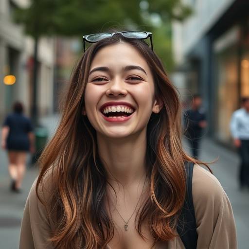 A young woman laughing and posing naturally in an urban environment for a lifestyle portrait.
