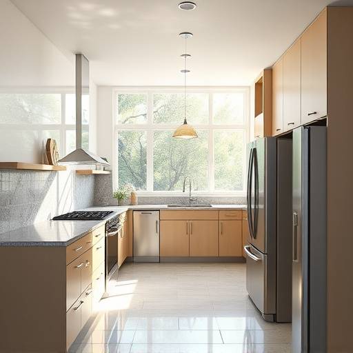 An interior photograph showcasing a modern kitchen with stainless steel appliances, granite countertops, and natural light flooding through large windows.