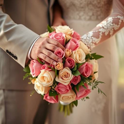 Close-up shot of a bride's hand holding a bouquet of flowers, with the groom's hand intertwined.