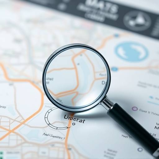 Icon showing a magnifying glass over a map, representing data tracking.