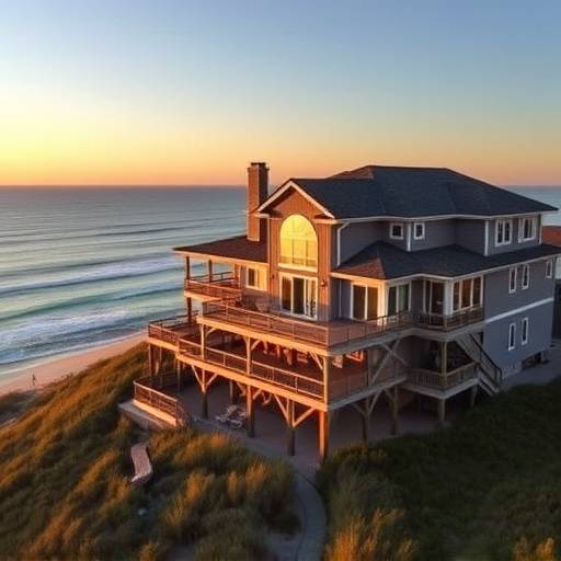 Large beach house with multiple decks facing the ocean in the Outer Banks, North Carolina.
