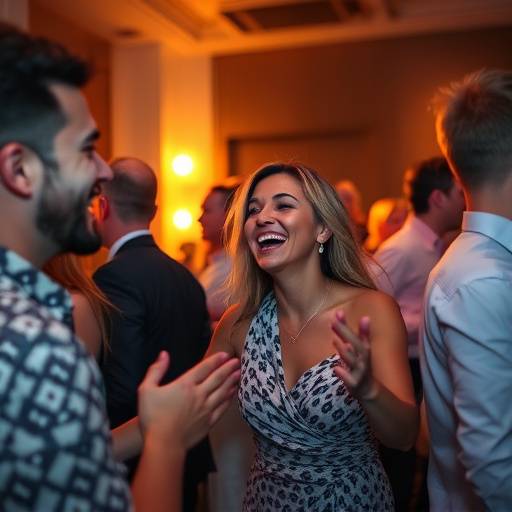 People laughing and dancing at a corporate event