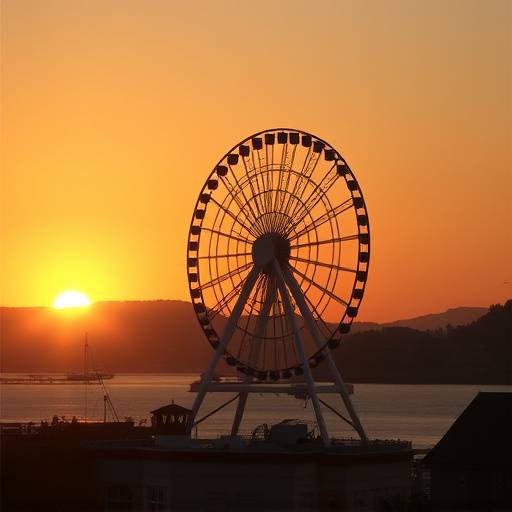 Sunset over the Seattle Great Wheel and Elliott Bay