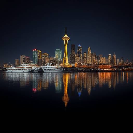 The Seattle skyline reflecting on calm waters at night